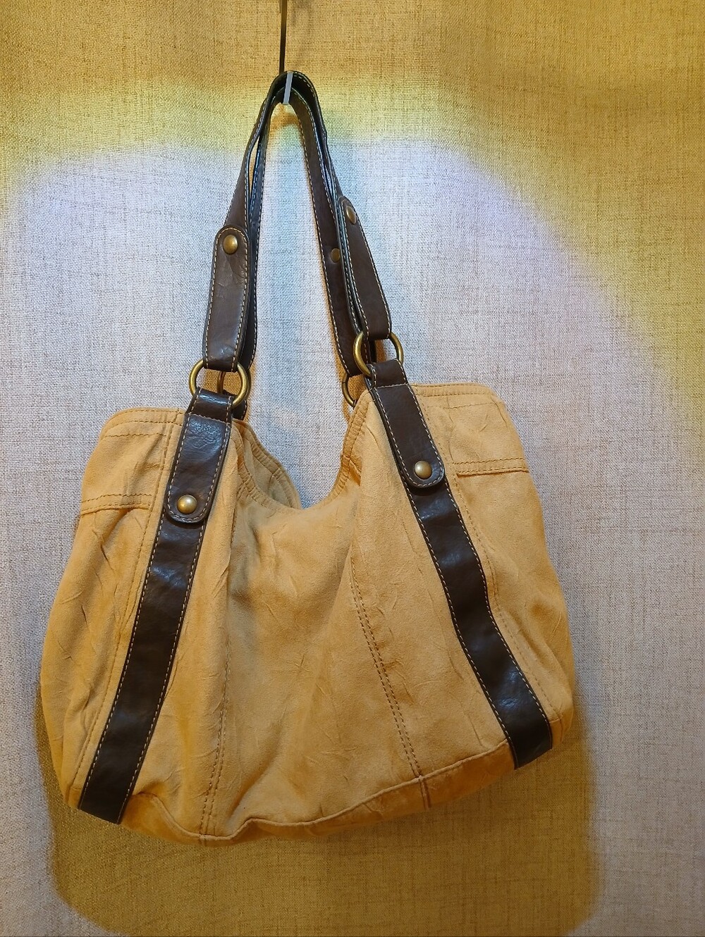 Stamp 10 Suede Vintage Y2k Tan Tote Interior with Brown Leather Trim Hobo Bag